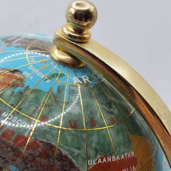 Semi-Precious Gemstone Globe 8" Stand Inlaid Brass Blue And Golden , VINTAGE - Picture 6 of 14
